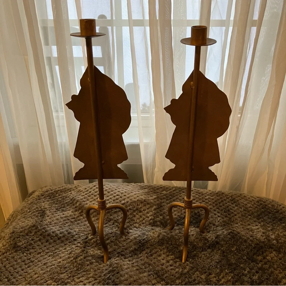 Set of Vintage, Folk Art Style, Farmhouse Santa Claus 19” Metal‎ Candle Holders